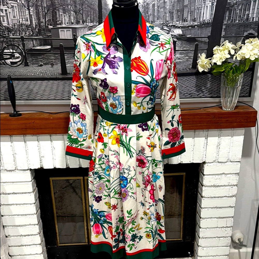 Floral Long-Sleeve Shirt Dress in White with Multicolor Print